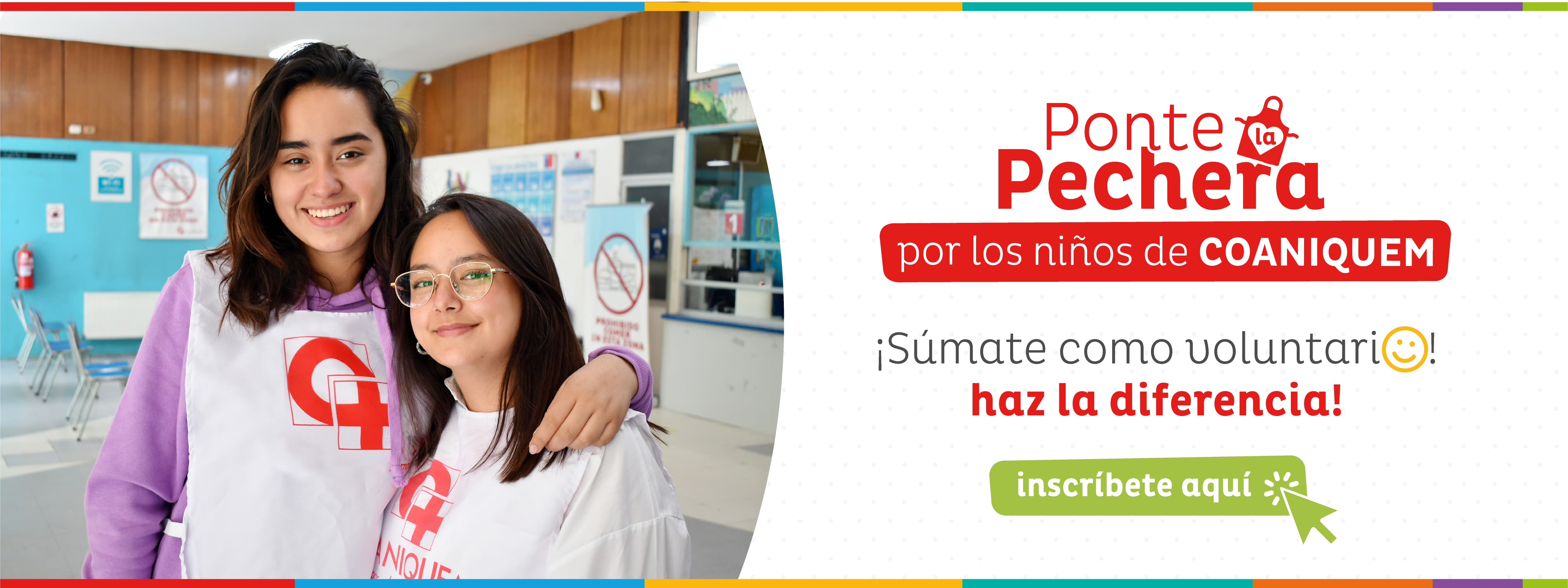 Dos voluntarias de COANIQUEM sonriendo durante una actividad. Banner de invitación para sumarse al voluntariado.